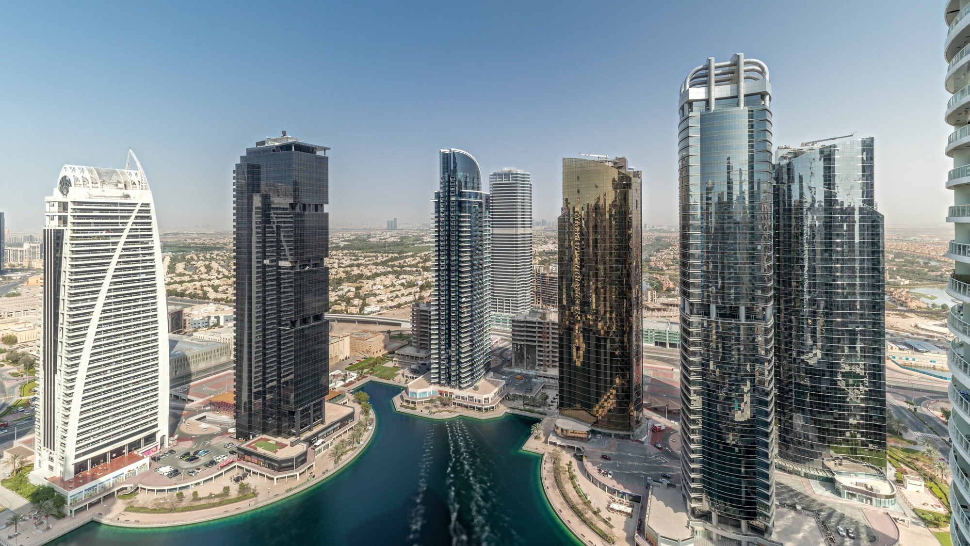 Panorama showing tall residential buildings at JLT district aerial